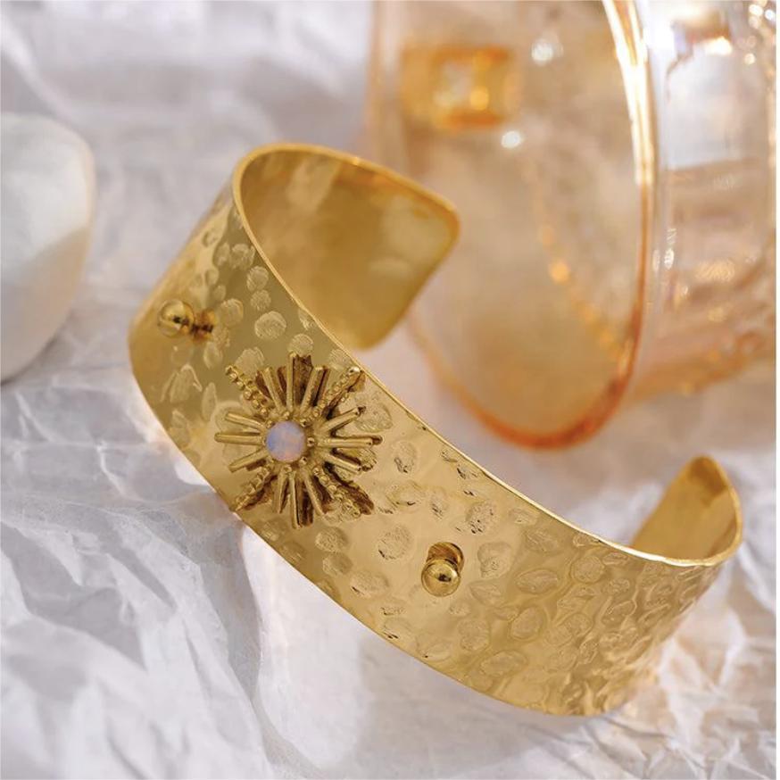 Sunburst Cuff Bracelet – Textured Titanium Steel, Gold Finish