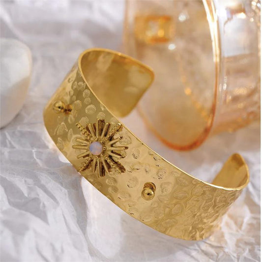 Sunburst Cuff Bracelet – Textured Titanium Steel, Gold Finish